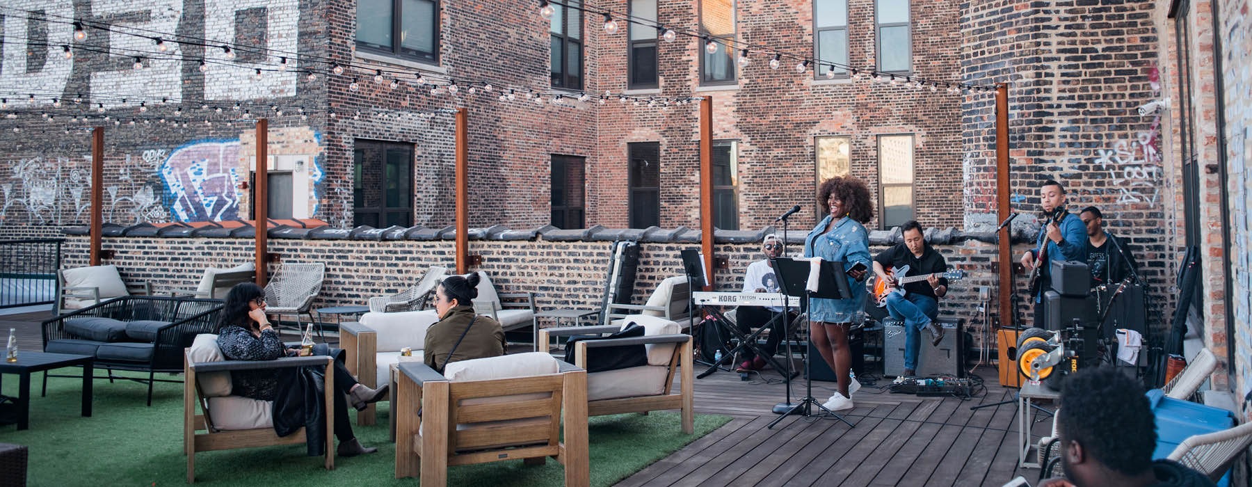 live performances on expansive rooftop deck at the Otis